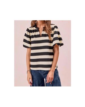 Bibi Stripe Balloon Sleeve Ruffled V-Neck Top - Black