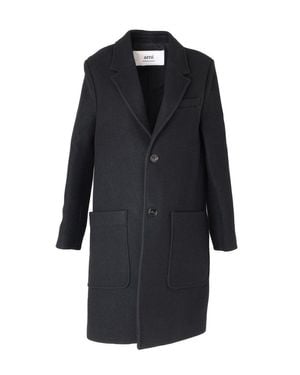 Ami Paris Virgin Wool Coat With Notched Lapel - Blue