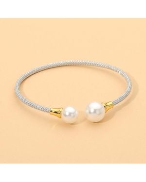 Fashnzfab Stainless Steel Pearl Tip Braided Cuff Bracelet - Natural