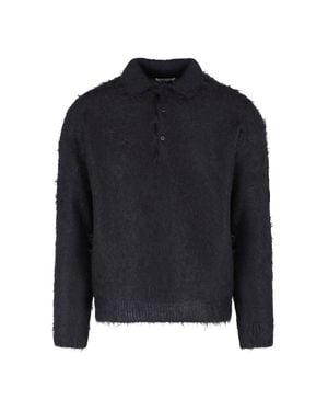 AURALEE Textured Long-Sleeve Cropped Polo Shirt - Blue