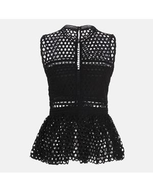 Self-Portrait Lace Sheer Guipure Peplum Top - Black