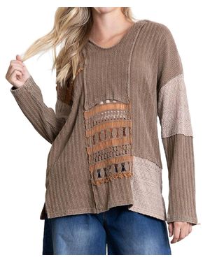 Blue Velvet Multi Fabric Lace Inset Hooded Top - Brown