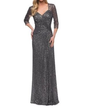 La Femme Sequined V-Neck Evening Dress - Multicolor