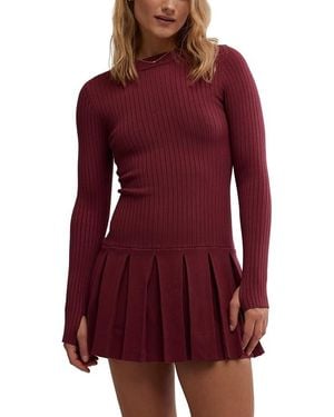 Free People Emmy Mini Dress Stretch Pleated Skirt Long Sleeve Ddr271 - Red