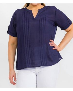 Purseption Pleated Blouse With Button Sleeve Plus Size - Blue
