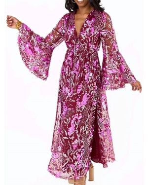 BuddyLove Colette Sequin Floral Maxi Dress With Bell Sleeves - Purple