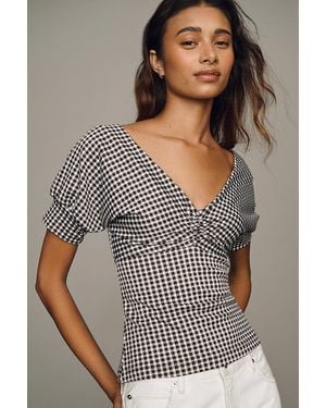 Maeve Gingham Short-Sleeve Blouse - Gray