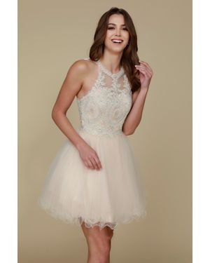 TRUEDAMES Halter Fit & Flare Short Bridesmaids Dress - Natural
