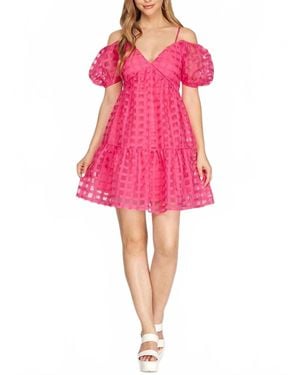 She + Sky Puff Sleeve Checker Organza Dress - Pink