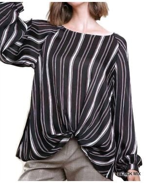 Umgee Striped Gathered Blouse - Black
