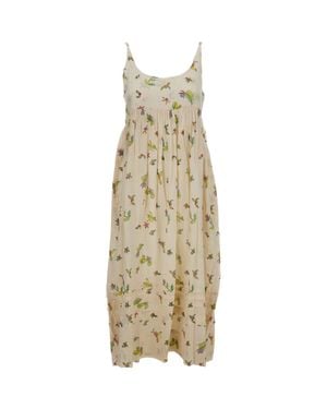 Injiri Cotton Slip Dress With Floral Pattern And Side Pockets - Natural