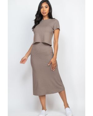 TRUEDAMES Short Sleeve Ribbed Top & Midi Skirt Se - Gray