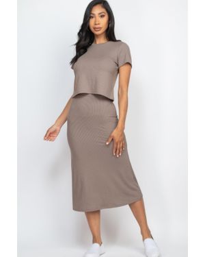 TRUEDAMES Short Sleeve Ribbed Top & Midi Skirt Se - Gray