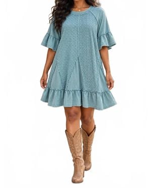 SurelyMine Boho Eyelet Patchwork Swing Dress - Blue