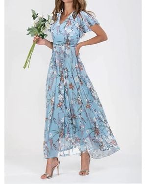 TRUEDAMES Beach Flared Maxi Dress Chiffon Floral Short Sleeve Ruffle V-Neck Fashion Waist-Defining Dress - Blue