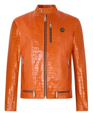 Philipp Plein Leather Moto Jacket Cocco - Orange