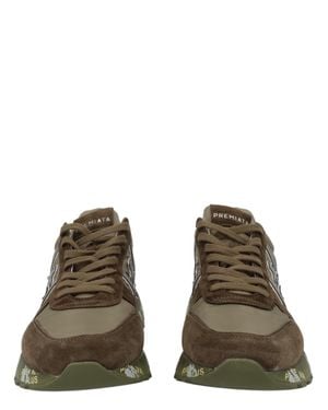 Premiata Reflective Logo Leather-Suede Sneakers - Natural