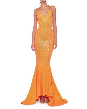 Norma Kamali Sequin Low Back Slip Mermaid Fishtail Gown - Orange