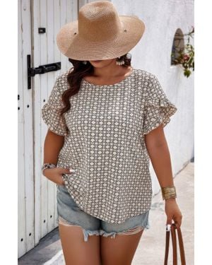 TRUEDAMES Round Neck Allover Print Ruffle Sleeves Loose Top - Gray