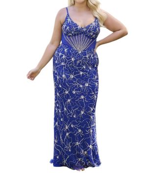 Primavera Floral Sheer Bodice Prom Dress - Blue