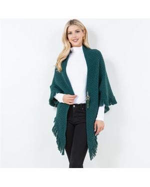 TRUEDAMES Fringe Knit Open Front Shawl Wrap Poncho - Green