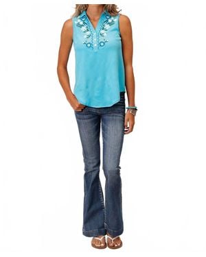 Roper Poly Crepe Sleeveless Blouse With Embroidery Tank - Blue