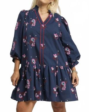 Umgee Floral Mini Dress With Puff Sleeves - Blue
