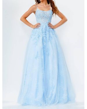 Jovani Spaghetti Strap Embroidered Prom Gown - Blue