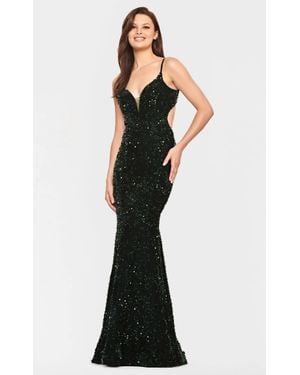 Faviana V-Neck Cutout Sequin Evening Gown - Blue