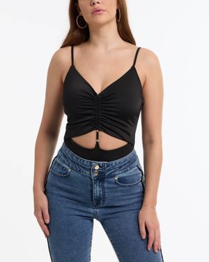 Bebe Front Keyhole Ruched Knit Bodysuit - Blue