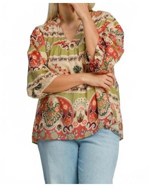 Umgee Border Print Split Neck Top With Puff Sleeves - Multicolor