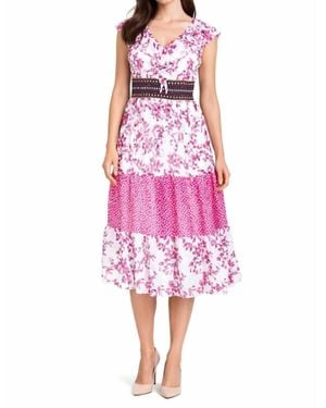 Taylor V Neck Chiffon Printed Midi Dress - Pink