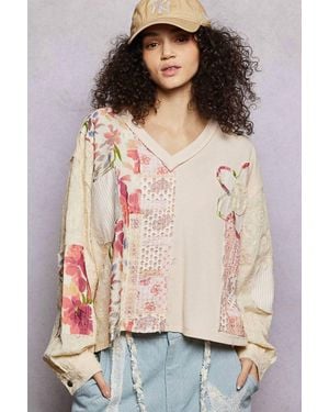 Pol Floral Patch Embroidery Thermal Balloon Sleeve Top - Natural
