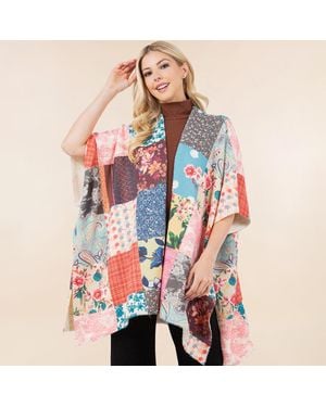 TRUEDAMES Boho Floral Pattern Patchwork Open Front Ruana Poncho - Red