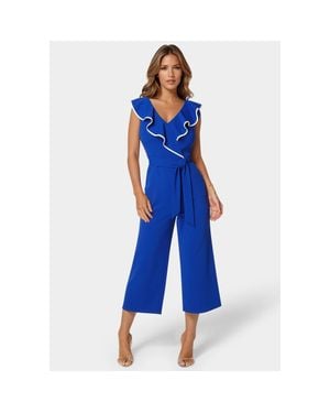 Bebe Scuba Crepe Ruffle V-Neck Jumpsuit - Blue