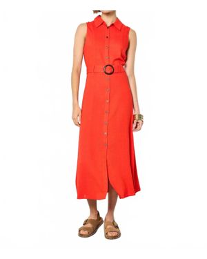 Apricot Sleeveless Belted Shirt Midi Dress - Red