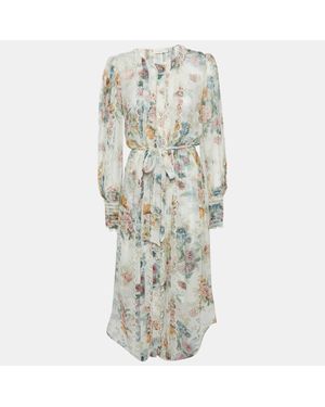 Zimmermann Floral Print Crepe Scallop Detail Long Dress - White