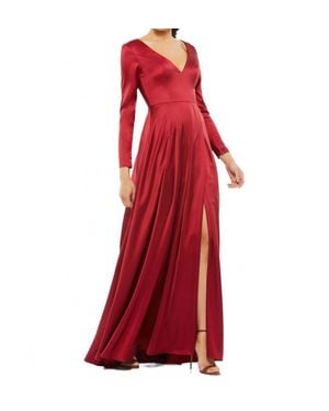 Mac Duggal Satin V-Neck Long Sleeve Pleated Gown - Red