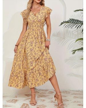 TRUEDAMES Printed French Dress Floral Dress - Natural