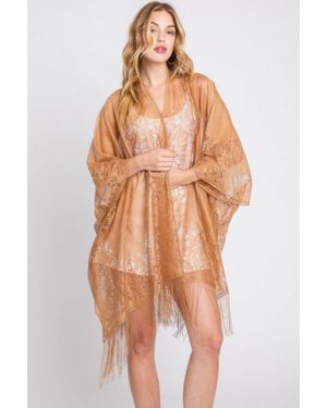 TRUEDAMES Floral Lace Kimono With Tassel - Brown