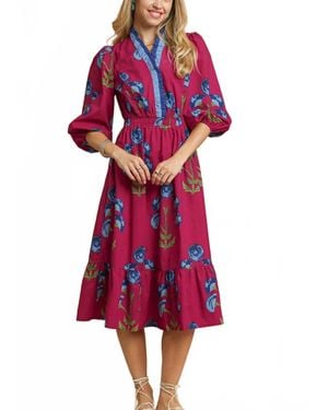 Umgee Midi Dress With Ruffle Trim And Elastic Waist - Red