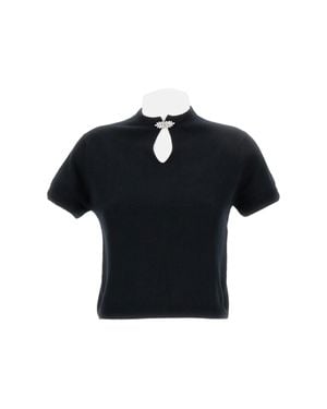 Barrie Short-Sleeved Wool Top With Rhinestone Brooch And Keyhole Neckline - Black
