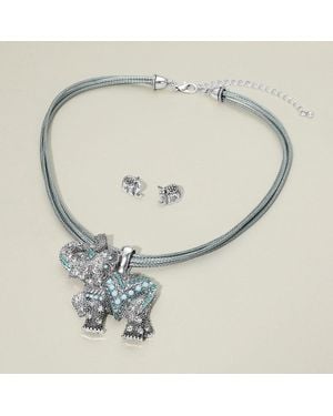 Fashnzfab Rhinestone Embellished Vintage Elephant Pendant Strand Thread Necklace - Metallic
