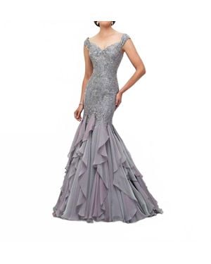 Ivonne D Beaded Trumpet Drop Waist Gown - Gray