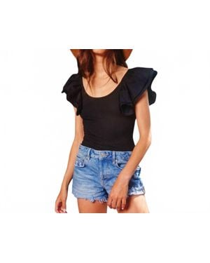 Hoity Toity Ruffle Shoulder Ribbed Bodysuit - Black