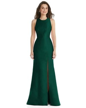 Alfred Sung Jewel Neck Bowed Open-Back Trumpet Dress With Front Slit - Green