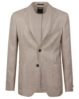 ZEGNA Checked Wool-Linen Blazer - Brown