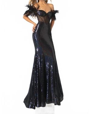 Ava Presley Off-The-Shoulder Gown With Feather Accents - Black