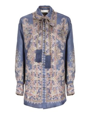Zimmermann Jeans Bow-Collar Printed Silk Shirt - Blue