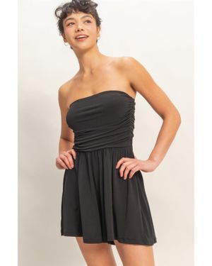 TRUEDAMES Strapless Shirred Waist Stretch Romper With Side Pockets - Black
